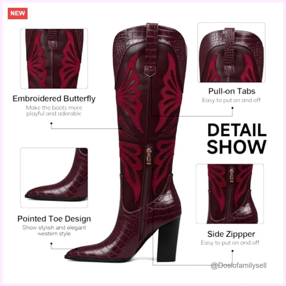 Women's Knee High Cowboy Boots Pointed Toe Chunky Heel Butterfly Embroidery - Picture 5 of 7